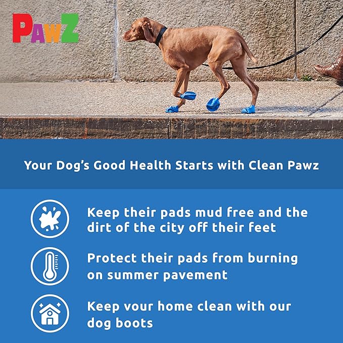 PawZ Rubber Dog Boots for Medium Paws - All-Weather Waterproof Dog Shoes, Anti-Slip Traction for Rain, Snow, Mud & Hot Pavement - Pull-On Dog Booties, Blue - Medium (2.5" - 3") - Pack of 24