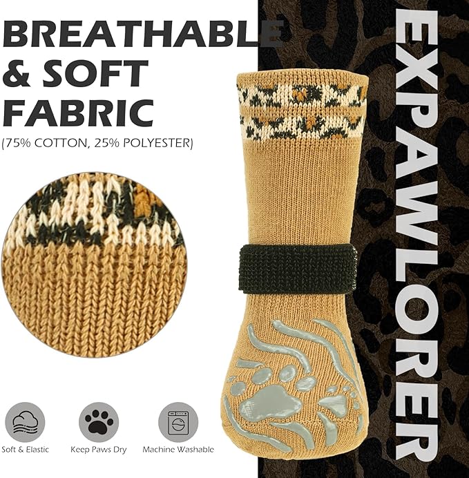 EXPAWLORER Dog Socks for Cold Winter Snow to Prevent Licking Paws, Anti Slip Doggie Grippy Booties Shoes for Hardwood Floors, Boots & Paw Protectors for Small Medium Large Senior Dogs Khaki M