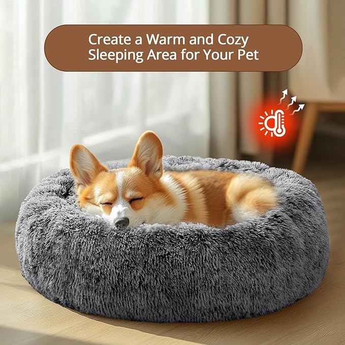 JOLLYVOGUE Calming Dog Bed Large Size Dog, Anti-Anxiety Donut Large Pet Bed, 36 inches Fluffy Faux Fur Round Cat Bed, Fits up to 75 lbs Pets (Smoke Black)