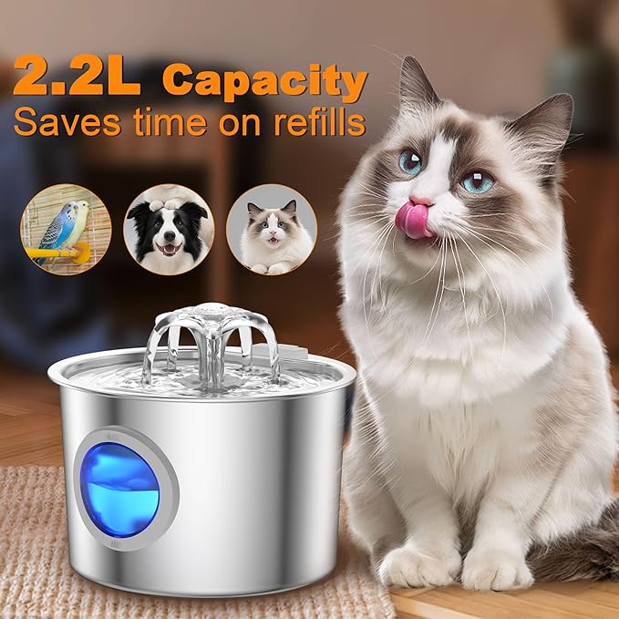 Cat Water Fountain Advanced 304 Stainless Steel 2.2L/74oz with Detachable Tank, Easy to Clean, Automatic Pet Fountain Quiet Cats Water Dispenser, Dogs (74oz Flower Style Cat Fountain + 3 Filters)