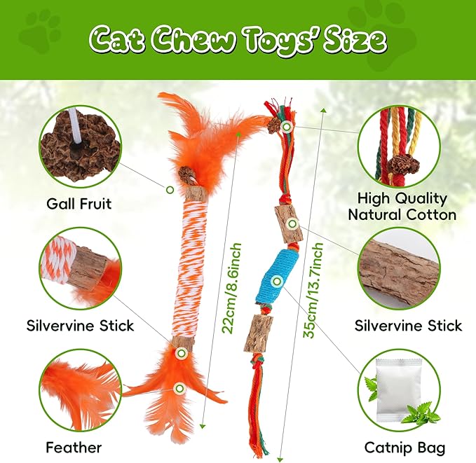 GBSYU Silvervine Sticks for Cats & Cat Chew Rope Toy with Refillable Natural Catnip Bag for Teeth Cleaning, Interactive Cat Catnip Toys for Indoor Cats, Kitten Teething Toys for All Breeds (8Pcs)