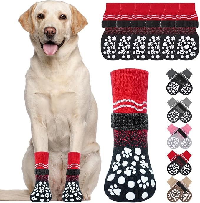 BINGPET 6PCS Dog Socks to Prevent Licking Paws with Grippers for Hardwood Floors Anti Slip, Winter Pet Shoes Booties, Extra-Thick Grip Dog Boots & Paw Protectors for Small Medium Large Senior Dogs, S