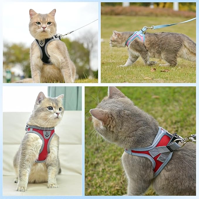 SCENEREAL Cat Harness and Leash Set Escape Proof, Adjustable Soft Air Mesh Kitten Harnesses for Girls Boys Small Medium Big Cats, Reflective Light Travel Pet Walking Vest for Puppy Rabbit, Black XL