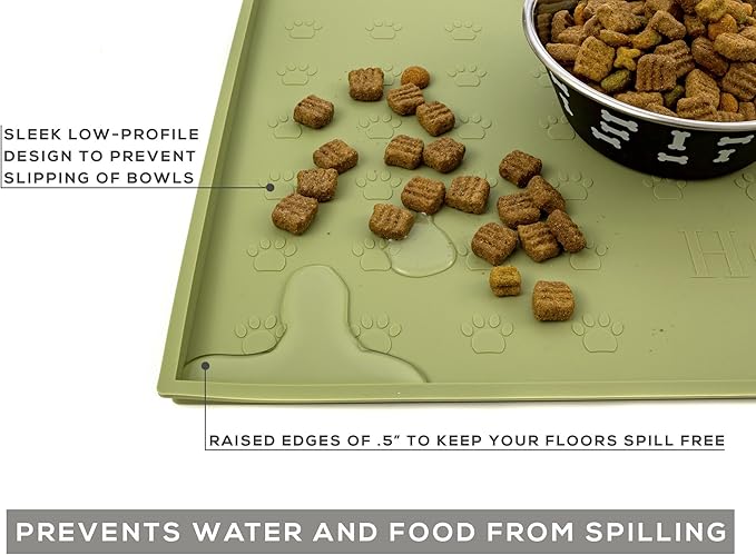 Food Mat Feeding Tray - Non-Slip, Anti-Spill, Raised Dog Food Mat, Easy Clean Waterproof - Premium Quality Silicone - Perfect for Dog Bowl Mat and Cat Feeding Mat Tray, 24" x 16" (Olive)