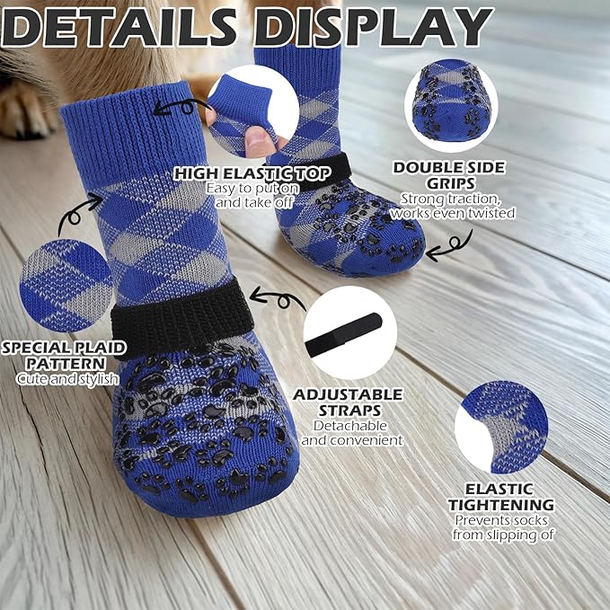 EXPAWLORER Dog Socks for Cold Winter Snow to Prevent Licking Paws, Anti Slip Doggie Booties Grippy Shoes for Hardwood Floors, Boots & Paw Protectors for Small Medium Large Senior Dogs Blue S
