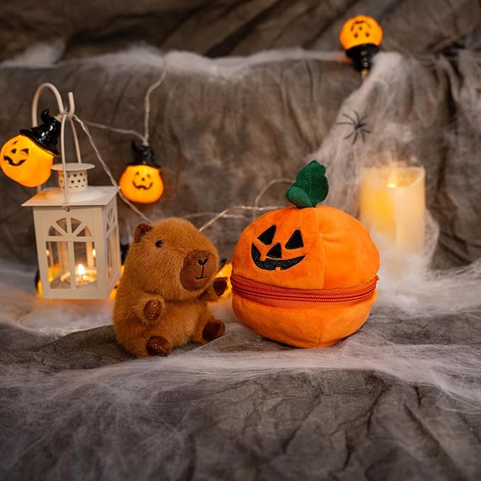Plushland Halloween Zip-Up Pumpkin Stuffed Animal Plush Toys,Hideaway Spooky Black Cat Bat Ghost Capybara Plush Halloween Toy for Festive Decorations & Fun Surprises 6 Inches (Capybara)