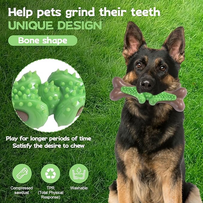 Durable Dog Chew Toys for Large Dogs - Tough Bone-Shaped Dental Chew with TPR Rubber & Wood Fiber, Teething & Aggressive Chewer Toys for Medium/Large Breed, Long-Lasting Teeth Cleaning & Stimulation