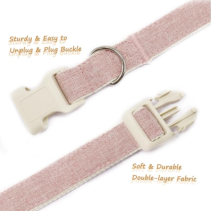 Cotton Hemp Dog Collar Adjustable, Pink Dog Collar Soft Natural Fabric with Quick Release, Cute Wedding Puppy Necklace for Small Medium Large Dog, Pink-L