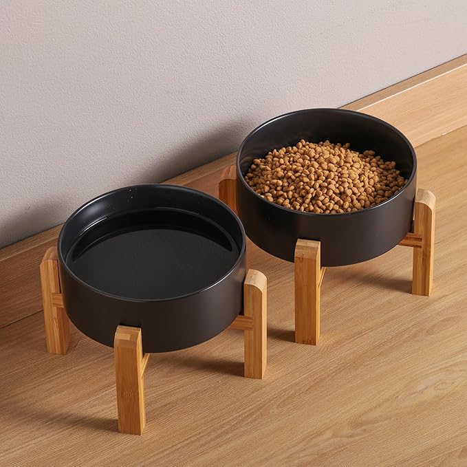 Black Elevated Dog Bowl Ceramic for Medium Large Sized Breed,Raised Dog Food Water Bowl with Stand,8 in 7.6 Cups Non Slip Pet Dish Heavy Weighted