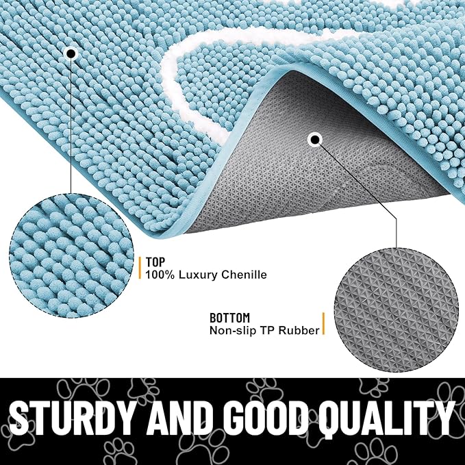 Smiry Dog Door Mat for Muddy Paws, Absorbent Dirt Trapper Non Slip Quick Dry Washable Chenille Mat for Mud Dogs, Entry Rug for Indoor and Outdoor (40x32 Inches, Sky Blue and White)