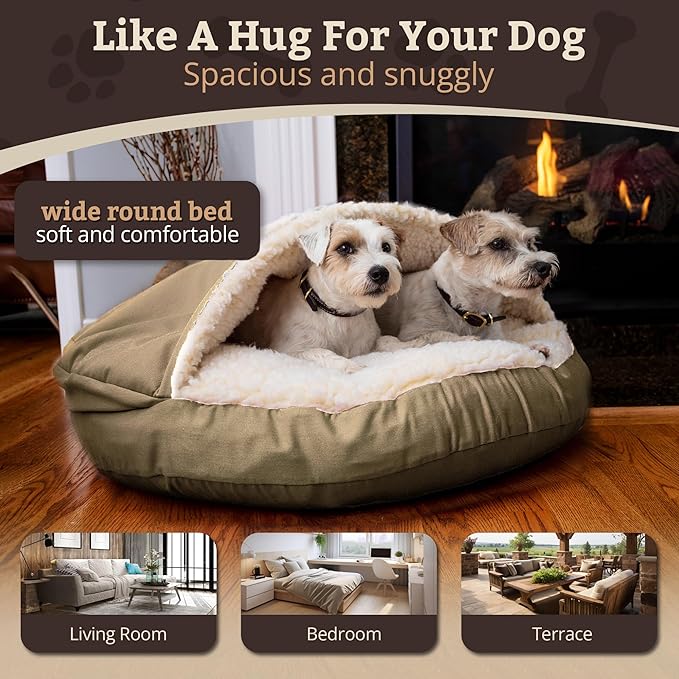 Snoozer Cozy Cave Dog Bed - Indoor Dog Bed with Cover Cave, Covered Calming Burrow for Small & Medium Sized Pets with Blanket Attached, Enclosed, Removable Washable Cover - Large, Khaki