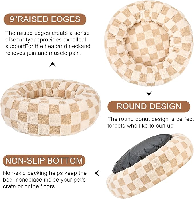 Dog Calming Beds for Small Medium Large Dogs - Round Donut Washable Puppy Dog Bed, Anti-Slip Faux Fur Fluffy Donut Cuddle Anxiety Cat Pet Bed (28" Grid)