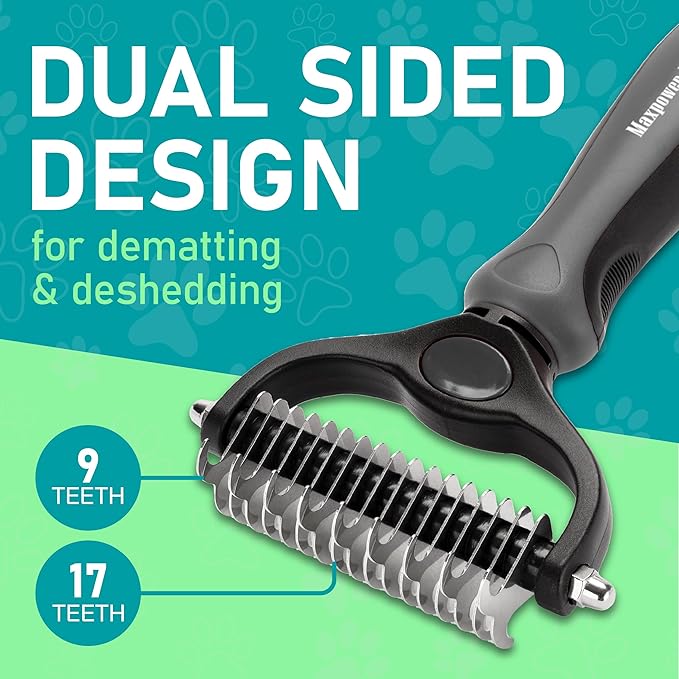 Maxpower Planet Pet Grooming Brush - Double Sided Undercoat Rake for Dogs and Cats, Extra Wide, Reduce Shedding by 95%, Grey