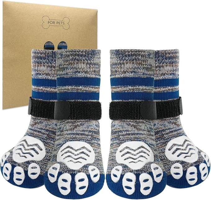 PUPTECK Anti-Slip Dog Socks with Double Sides Grips Booties, Traction on Hardwood Floors to Prevent Licking Paws, Dog Shoes for Cold Hot Pavement, for Medium Large Senior Dogs, Navy Blue L