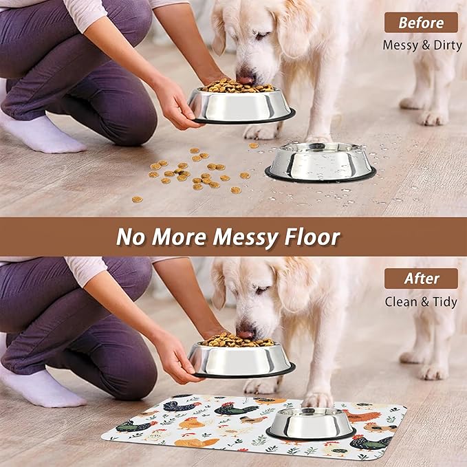 Rooster Dog Cat Food Mat,Hen Chicken Meadow Absorbent Pet Feeding Mat for Food and Water,Non-Slip Dog Bowl Mats Floor Protector 16"x24"