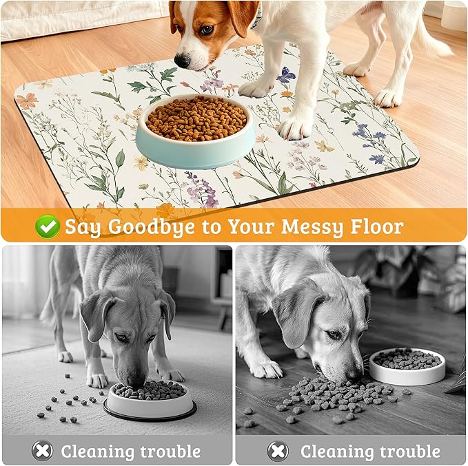 Wildflowers Butterfly Dog Cat Food Mat,Plants Absorbent Waterproof Placemat for Food and Water Non Slip Rubber Backing Durable Feeding Pad for Clean Floors 16" x 24"