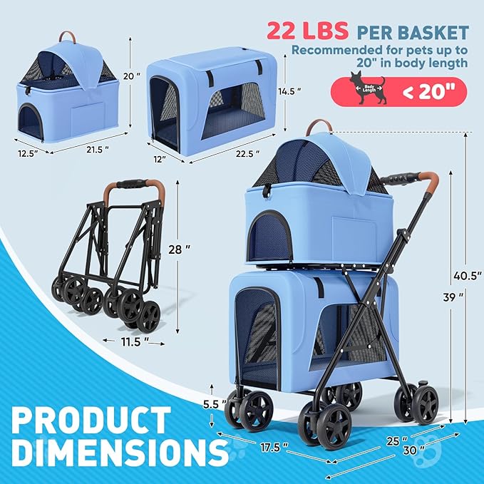 Magshion Foldable Double Pet Stroller for 2 Small & Medium Dogs and Cats, Detachable Top & Bottom Carriers, Breathable Mesh, One-Click Fold, Cat Stroller with No Zip Entry