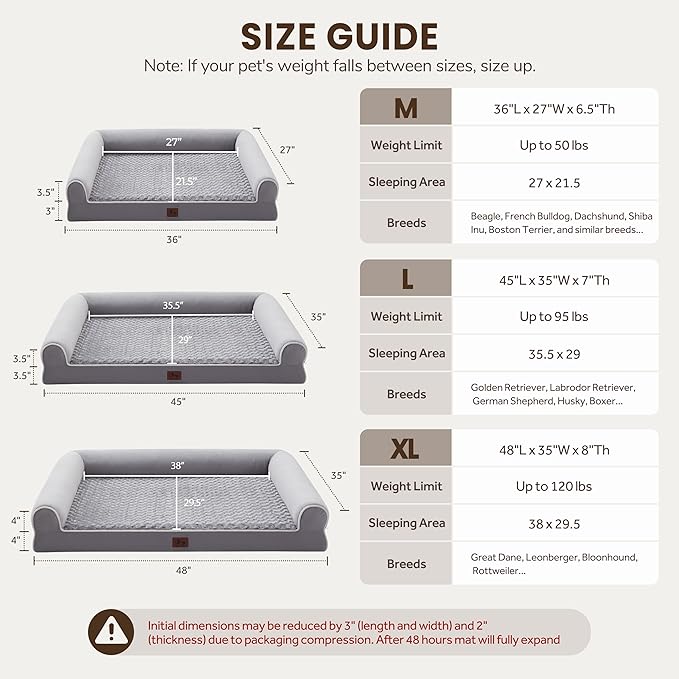 Large Dog Beds Large Sized Dogs, XXL XL Dog Bed for Medium Size Dogs, Extra Big Waterproof Couch Sofa with Removable Washable Cover for Pet, Light Grey, 48"*35"*8"