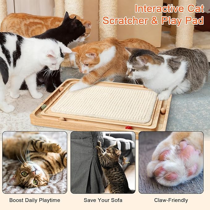Cat Scratcher pad Sisal cat Scratching Interactive Toy with Track Wooden Ball Cats Scratch Pad for Physical Exercise