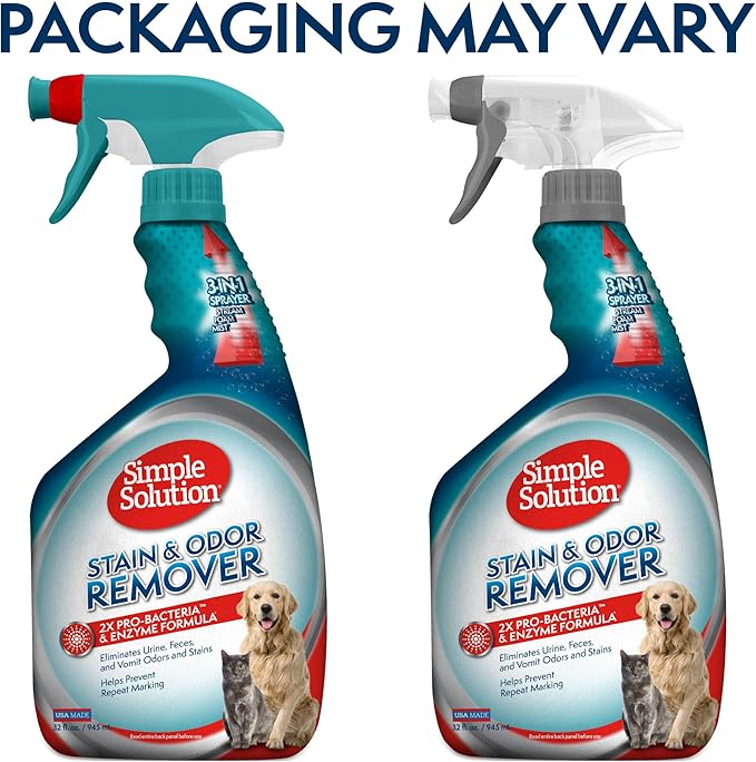 Simple Solution Stain and Odor Eliminator Spray, Pee Stain Remover, Enzyme Carpet Cleaner, Dog Smell Remover for Carpets, Dog Odor Remover, 32 oz (Pack of 2)