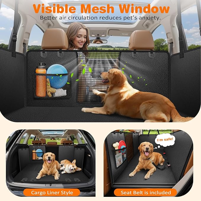 URPOWER PU Leather Backseat Extender for Dogs, Hard Bottom Dog Car Seat Cover for Back Seat, Waterproof Dog Car Hammock Anti-Scratch Pet Rear Seat Protector Travel Bed for Car and SUV