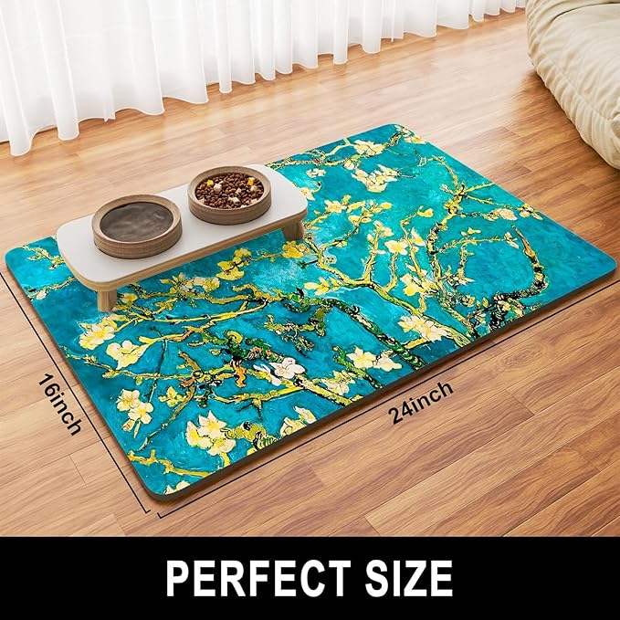 Dog Food Mat, 16" x 24" Flower Absorbent Dog Cat Bowl Mat for Food and Water, Cute Anti-Slip Rubber Pet Feeding Rug Protect Floors, Placemat for Feeding & Watering Supplies, Green