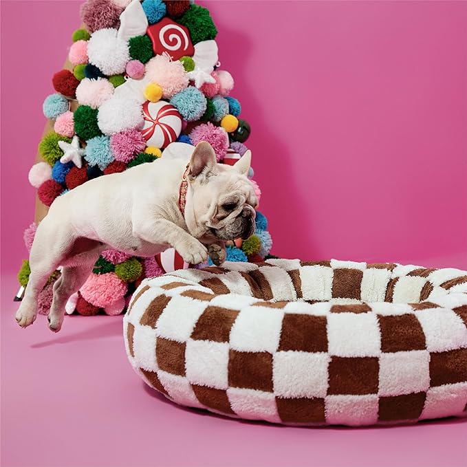 LE SURE Shown on TV Donut Medium Dog Bed - Round Sofa Indoor Anti-Anxiety Calming Christmas Bed Gift for Pets, Washable Cute Modern Beds with Jacquard Shaggy Plush & Anti Slip Bottom, 30 Inch, Brwon