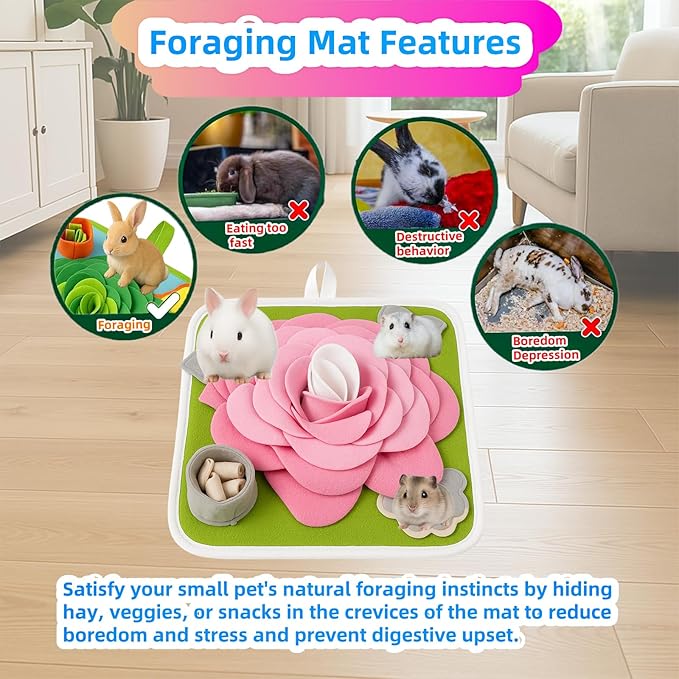 Rabbit Foraging Mat, Bunny Activity Toys Snuffle Mat for Small Animals Forage Mat for Rabbit Guinea Pig Hamster Chicken Hedgehog Chinchilla Puppies Cat Stress Relief Puzzle Interaction Toys (Pink)