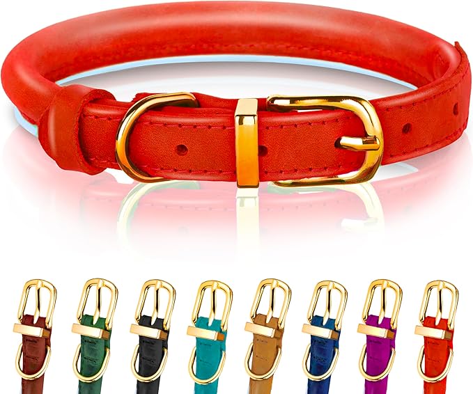 OOPSDOGGY Reflective Rolled Leather Dog Collar Adjustable Soft Padded Pet Collar for Small Medium Large Breed Dogs (Red, L, 14"-18")