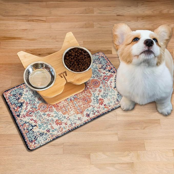 Absorbent Pet Dog Bowl Mat for Food and Water, Pet Cat Food Feeding Mat with Non Slip Rubber Backing, Dog Food Mats for Floors Waterproof, 17"x30"