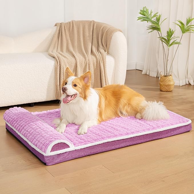 Orthopedic Jumbo Dog Bed Large Sized Dog with Pillow 56''X40'' Waterproof Soft Comfortable Egg Crate Foam Pet Crate Beds Mat with Removable Washable Cover and Non-Slip Bottom, Lilac