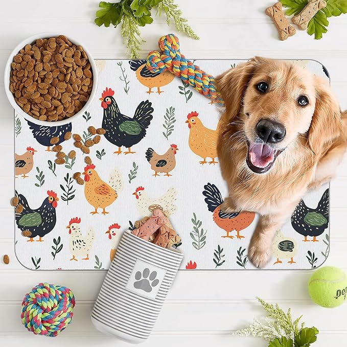 Rooster Dog Cat Food Mat,Hen Chicken Meadow Absorbent Pet Feeding Mat for Food and Water,Non-Slip Dog Bowl Mats Floor Protector 16"x24"