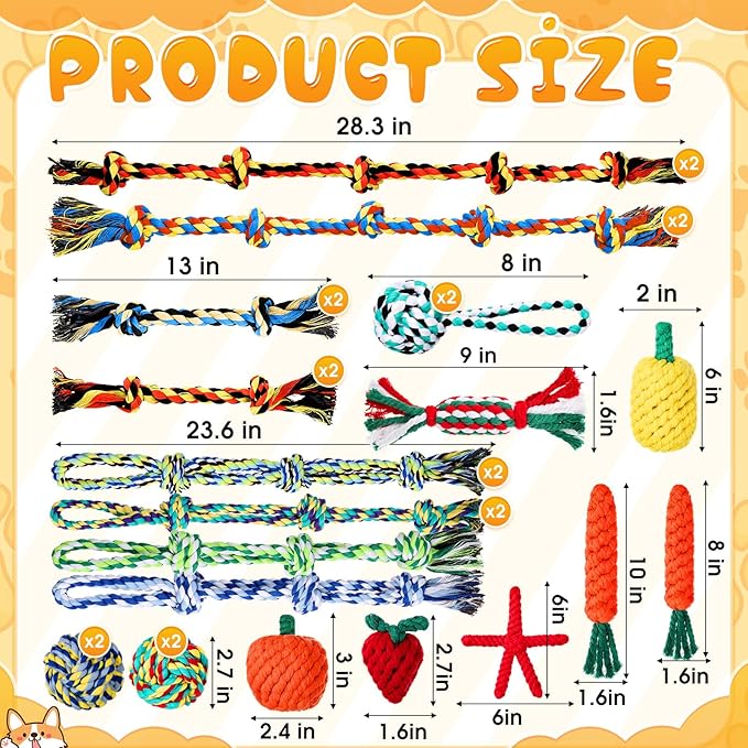 JolliLudo 27 Pack Dog Rope Toys for Aggressive Chewers, Heavy Duty Teething Chew and Tug Toy Set for Medium and Large Dogs, Puppy Toys with Fun Fruit & Cartoon Shapes