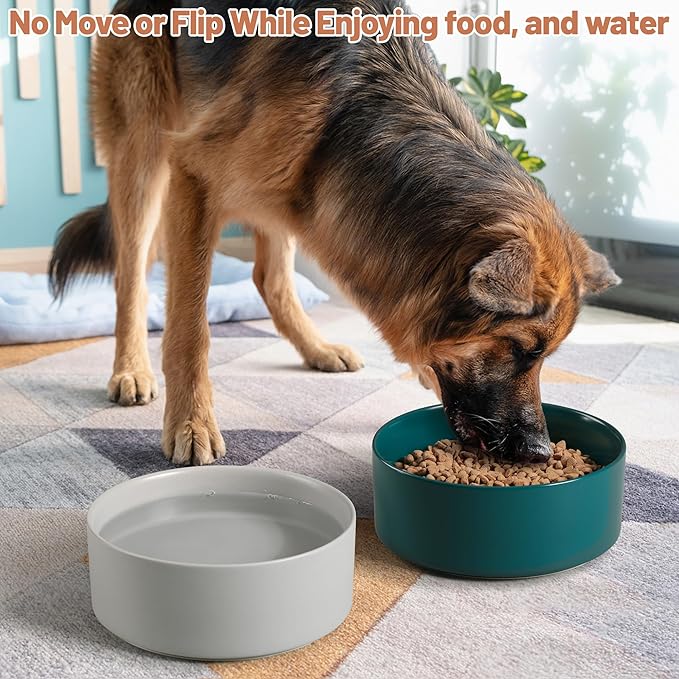 Kitwinney Large Dog Bowls, Non Slip Heavy Ceramic Dog Food and Water Bowl with White Silicone Base, 2 Pack Pet Feeding Bowls for Medium Big and Giant Dogs (Grey+Green, 8 Inches)