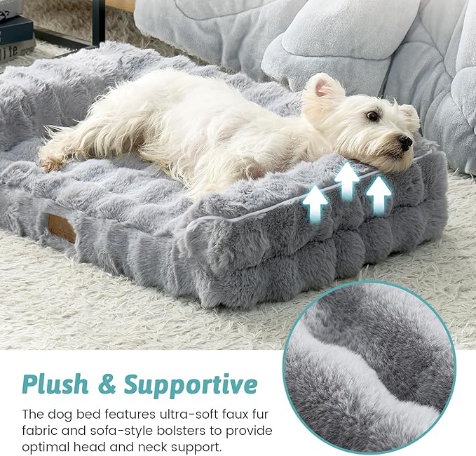 Faux Rabbit Fur Orthopedic Dog Bed, Dog Bed for Medium Size, Supportive Foam Pet Sofa with Waterproof Lining Cover, Washable U-Shaped Pet Couch with Anti-Slip Bottom, Grey M 30x20x6.5 inch