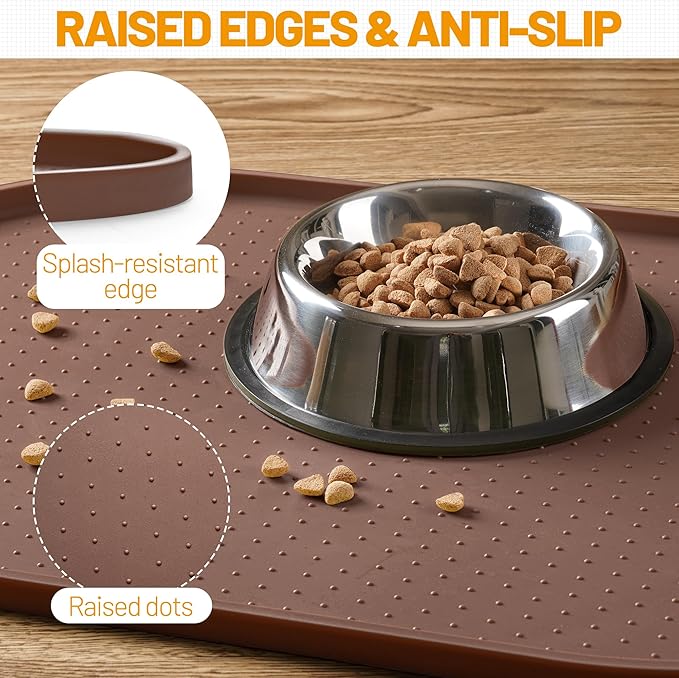 Hubulk 100% Waterproof Silicone Pet Feeding Mat with Raised Edge for Food and Water, Dog Bowl Mats, Cat Bowls Placemat with High Lip Protects Floor for Cats and Dogs (Brown, 16" L x 10" W)