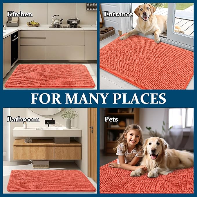 OLANLY Dog Door Mat for Muddy Paws 47x20, Absorbs Moisture and Dirt, Absorbent Non-Slip Washable Doormat, Quick Dry Chenille Mud Mat for Dogs, Entry Indoor Entryway Carpet for Inside Floor, Coral