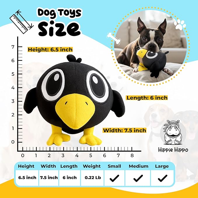 HIPPIE HIPPO Squeaky Dog Toy for Small & Medium Dogs – Cute Black Crow Plush Dog Toy – Soft Stuffed Animal Puppy Toy with Squeaker for Interactive Play, Safe Durable Plush Toy to Keep Pets Busy – 6.5"