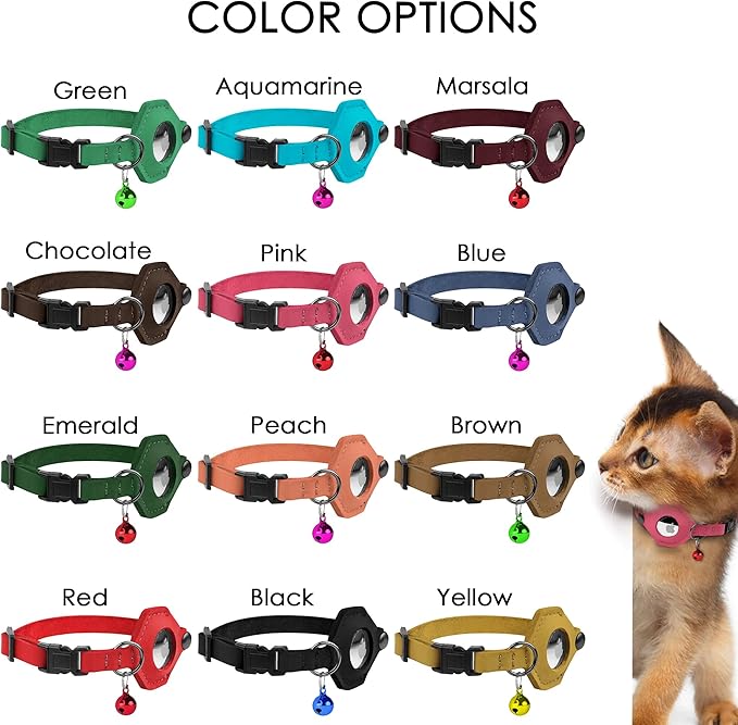 Breakaway Airtag Cat Collar with Removable Bell - Leather Pet Collar with Apple Air Tag Holder - Adjustable GPS Collars for Girl Boy Cats Kitten Puppy - Lightweight, Cute and Comfortable (Yellow)