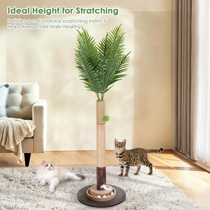Cat Scratching Post, 35 Inch Tall Cat Scratcher Cat Tree Tower with Hanging Ball for Indoor Cats Adults,Areca Palm,Sisal Rope Kitten Scratch with Interactive Mouse Cat Toy