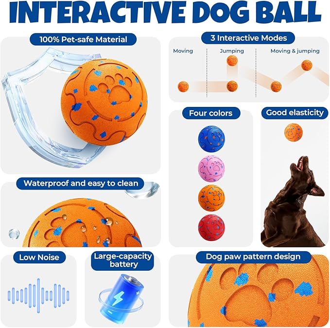 Fsitego Dog Balls: Interactive Dog Ball Auto Rolling - Interactive Dog Toys for Aggressive Chewers - Bouncy & Throwable, Type-C Rechargeable, Washable, for Small & Medium & Large Dogs – Orange