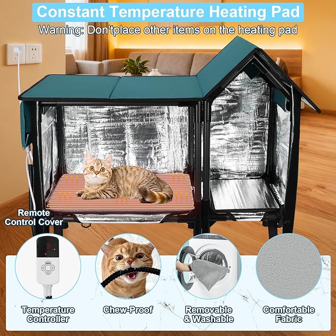 Heated Cat House for Outside Cats- 100% Weatherproof Insulated Outdoor Cat House with Heating Pad, Elevated Base & Safe Escape Door, Warm Kitty Shelter for Feral or Stray Cats in Winter