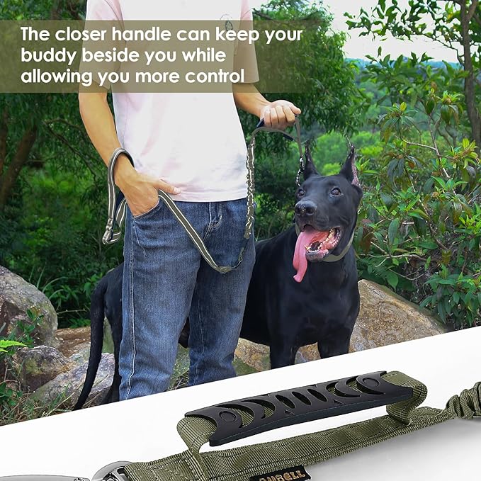 AUBELL Tactical Dog Leash Heavy Duty,4-6ft Reflective Strong No Pull Bungee Leash for Medium Large Dogs with Comfortable Padded Double Handle,Car Seat Belt,360 Degree Rotating Carabiner,Green