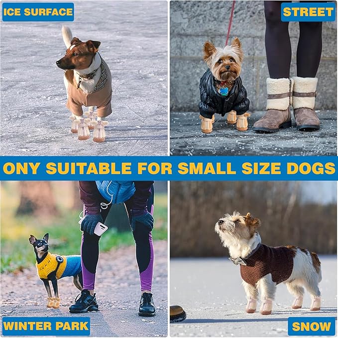 JZXOIVA Dog Shoes for Small Dogs, Fleece Dog Boots Paw Protector for Comfort and Warmth, Dog Booties with Anti-Slip Sole for Winter Snow Hardwood Floors Walking Brown Size 3
