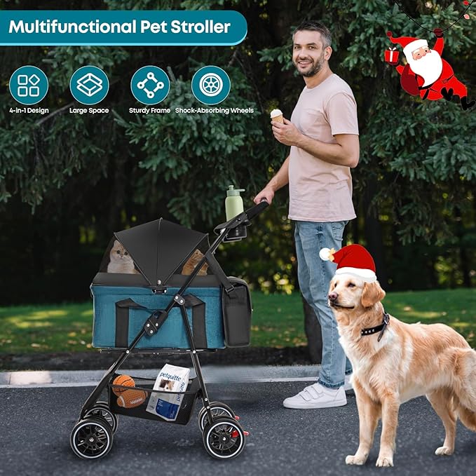 2-in-1 Foldable Pet Stroller with Canopy, 4 Wheels Pet Strolling Cart for Small/Medium Dogs and Cats with Removable Carrier,Breathable Mesh,Mom Tote Bag,Cup Holders,Easy Assembly,Black+Green