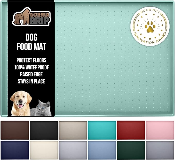 GORILLA GRIP 100% Waterproof Raised Edge BPA Free Silicone Pet Feeding Mat, Dog Cat Food Mats Contain Spills Protects Floors, Placemats for Cats and Dogs Water Bowl, Pets Accessories 23x15 Mint
