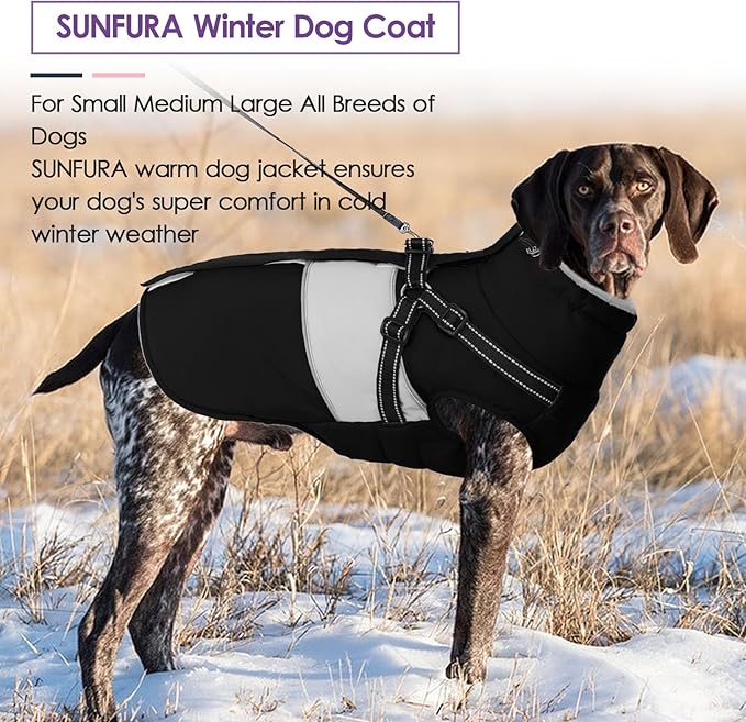 SUNFURA Small Dog Coat with Harness Built in, Warm Dog Jacket Winter with Zipper On Back, Waterproof Pet Snow Jacket Snowsuit Pet Sweater Clothes for Puppy, Black XS