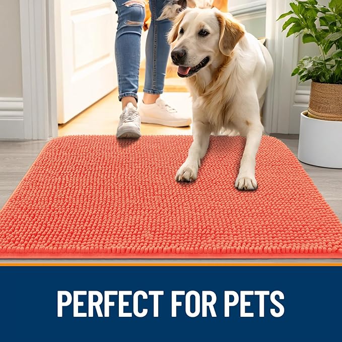OLANLY Dog Door Mat for Muddy Paws 70x35, Absorbs Moisture and Dirt, Absorbent Non-Slip Washable Doormat, Quick Dry Chenille Mud Mat for Dogs, Entry Indoor Entryway Carpet for Inside Floor, Coral
