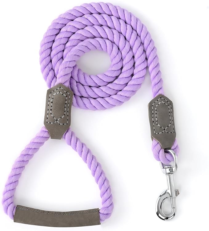 Mile High Life Dog Leash, Braided Cotton Rope Leashes with Leather Handle - Heavy Duty Metal Clasp, 4FT, 1/2" Thick - Wedding, Walking & Training Leash for Small Medium Large Dogs (Purple)