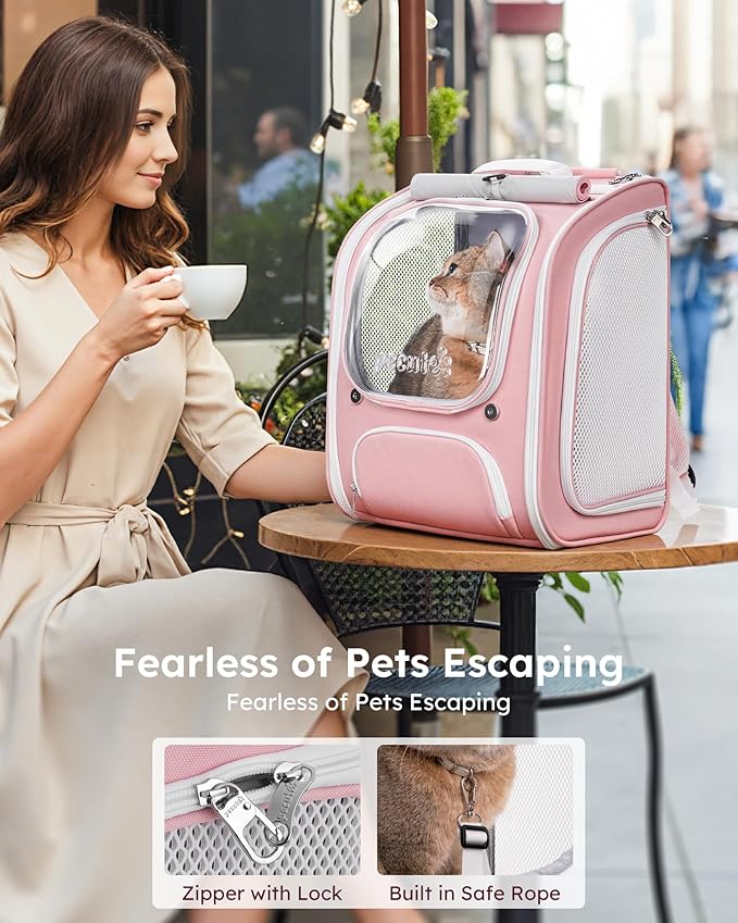 Pecute Cat Backpack Carrier, Large Space Cat Bubble Backpack, Breathable Cat Carrier, Shaded Dog Backpack Carrier, Ergonomic 3D Design for Travel, Hiking, Suitable for Shopping, and Vet, Pink